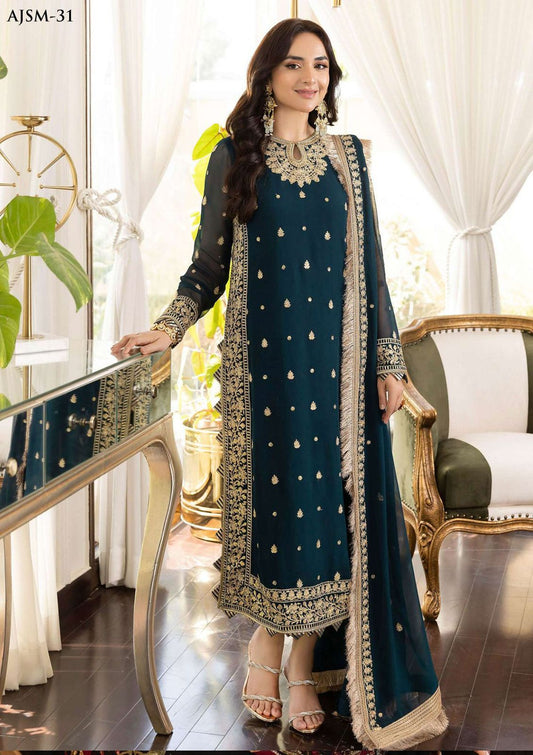 Asim Jofa Unstitched  – Embroidered Chiffon Suit with Satin Silk Trouser ✨